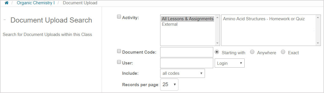 The Document Upload Search pane contains check boxes for activity, document code, and user search parameters.